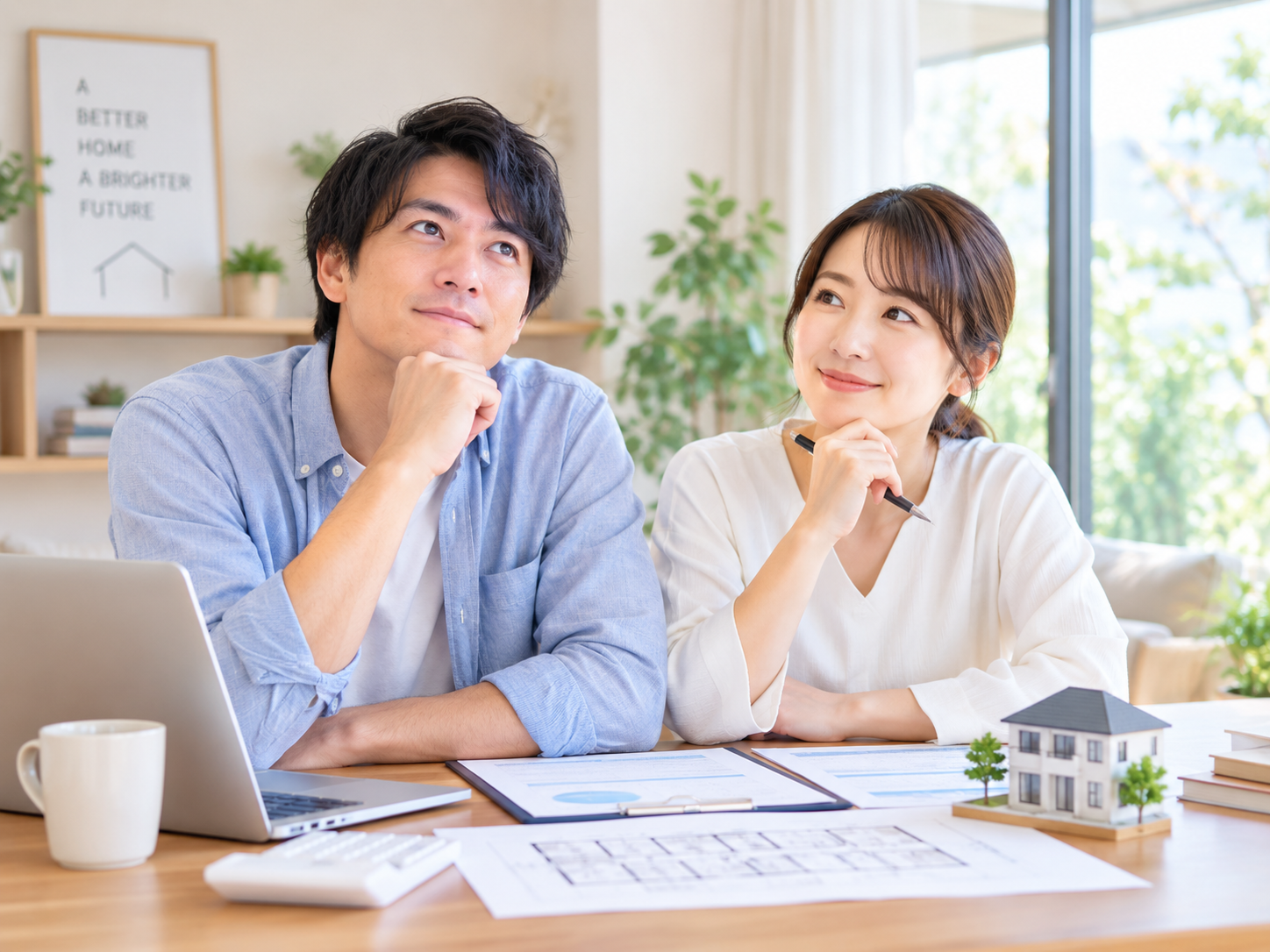 転職後に住宅購入を検討する夫婦が住宅ローンの書類や家の模型を見ながら相談しているイメージ