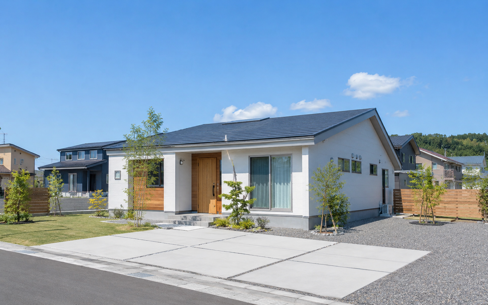 北海道の住宅地に建つ平屋の外観イメージ