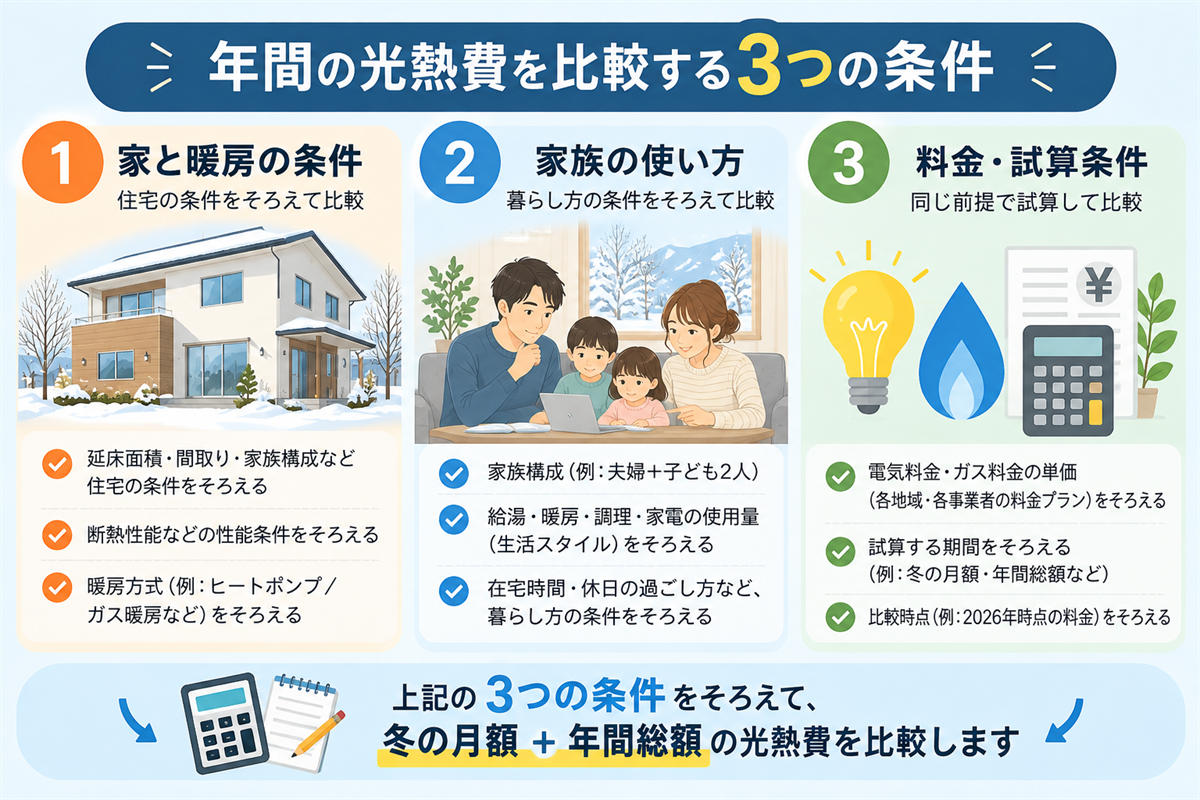 家と暖房の条件、家族の使い方、料金と試算条件をそろえ、冬の月額と年間総額の光熱費を比較する3つの条件