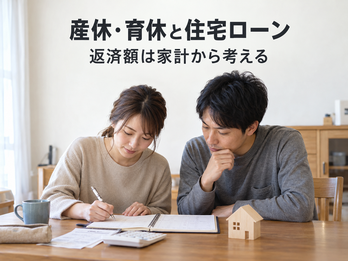 家計メモと小さな家の模型を前に、住宅ローンの返済額を家計から考える夫婦の写真風イメージ