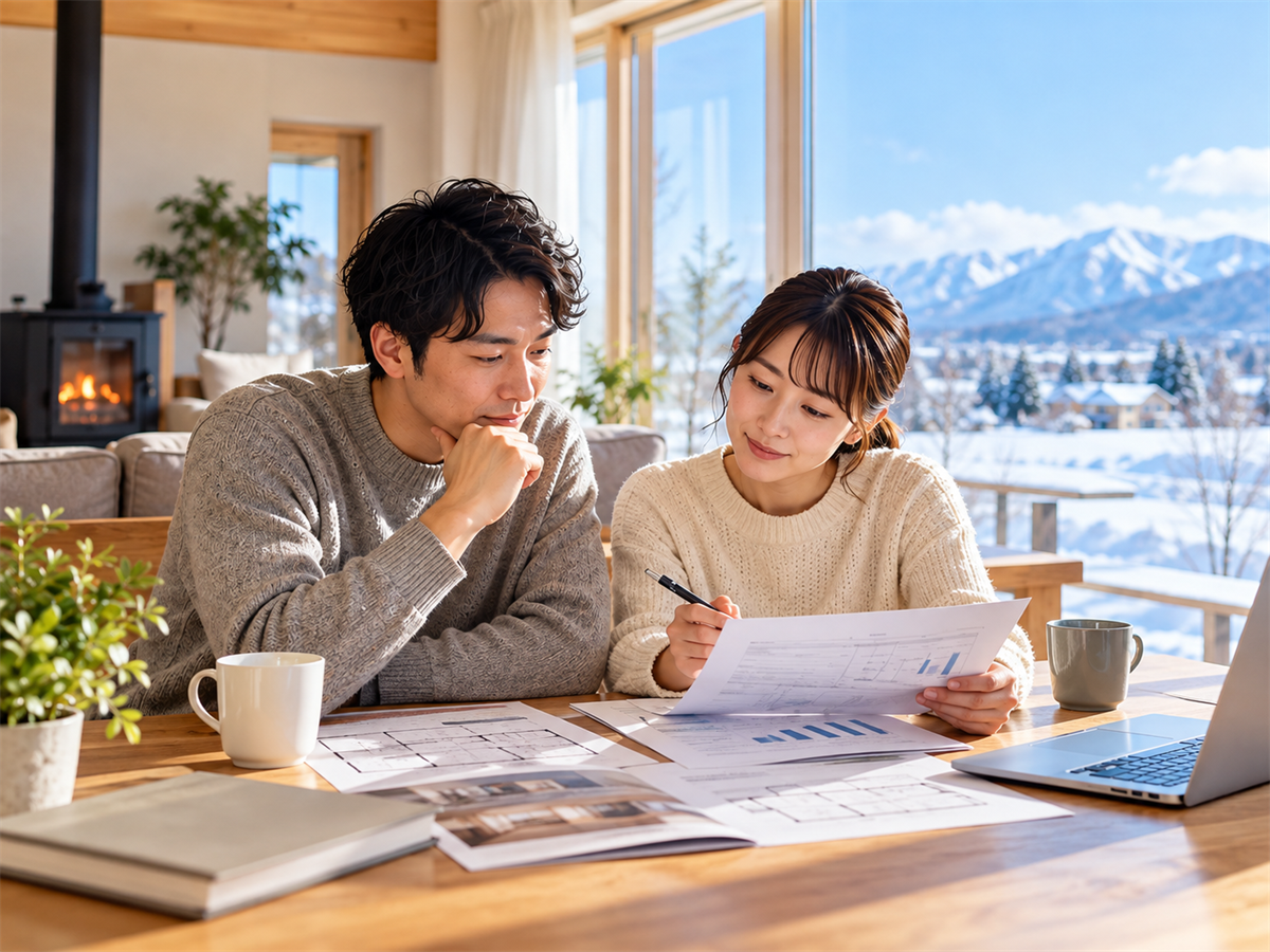 雪景色を望む明るい室内で、住まいの資料を見ながら相談する二人のイメージ
