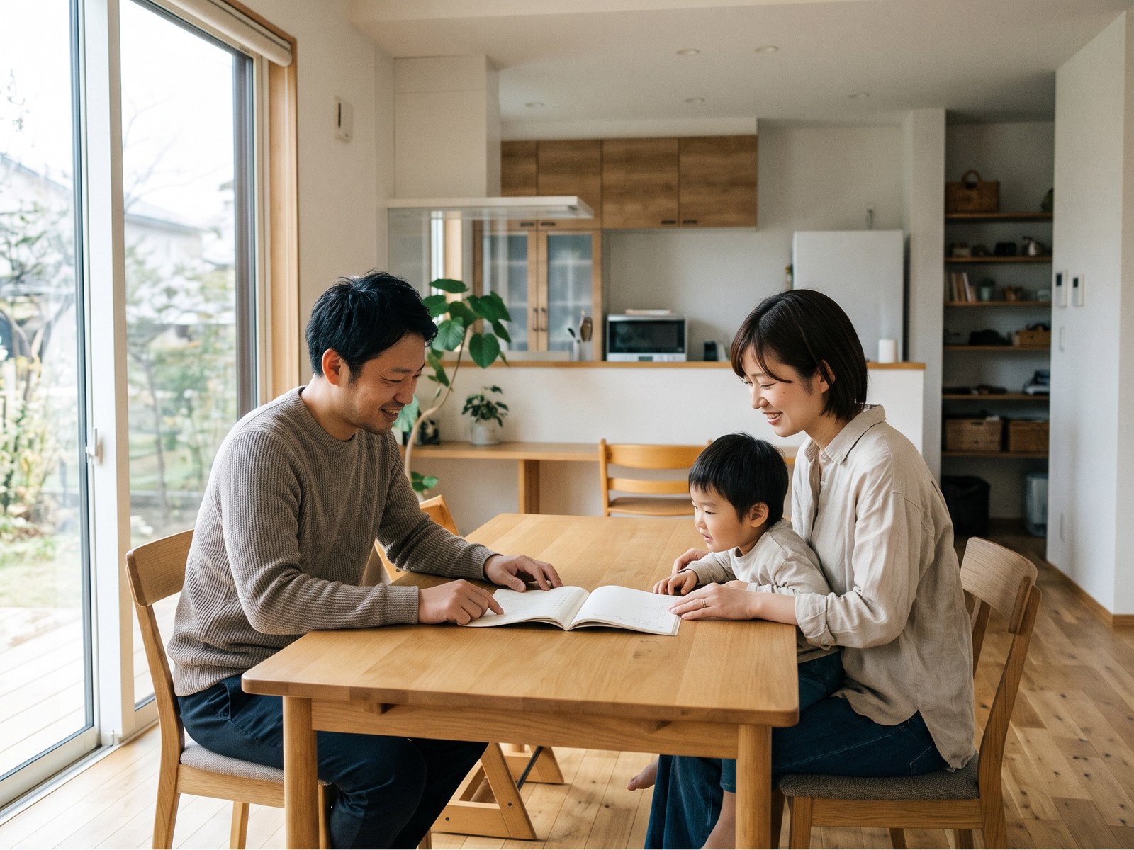 新居のダイニングで、家計ノートを広げて笑顔で話すご夫婦とお子さん